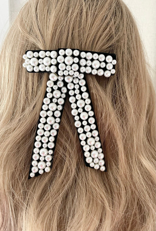 Black and White Pearl Hair Bow Barette